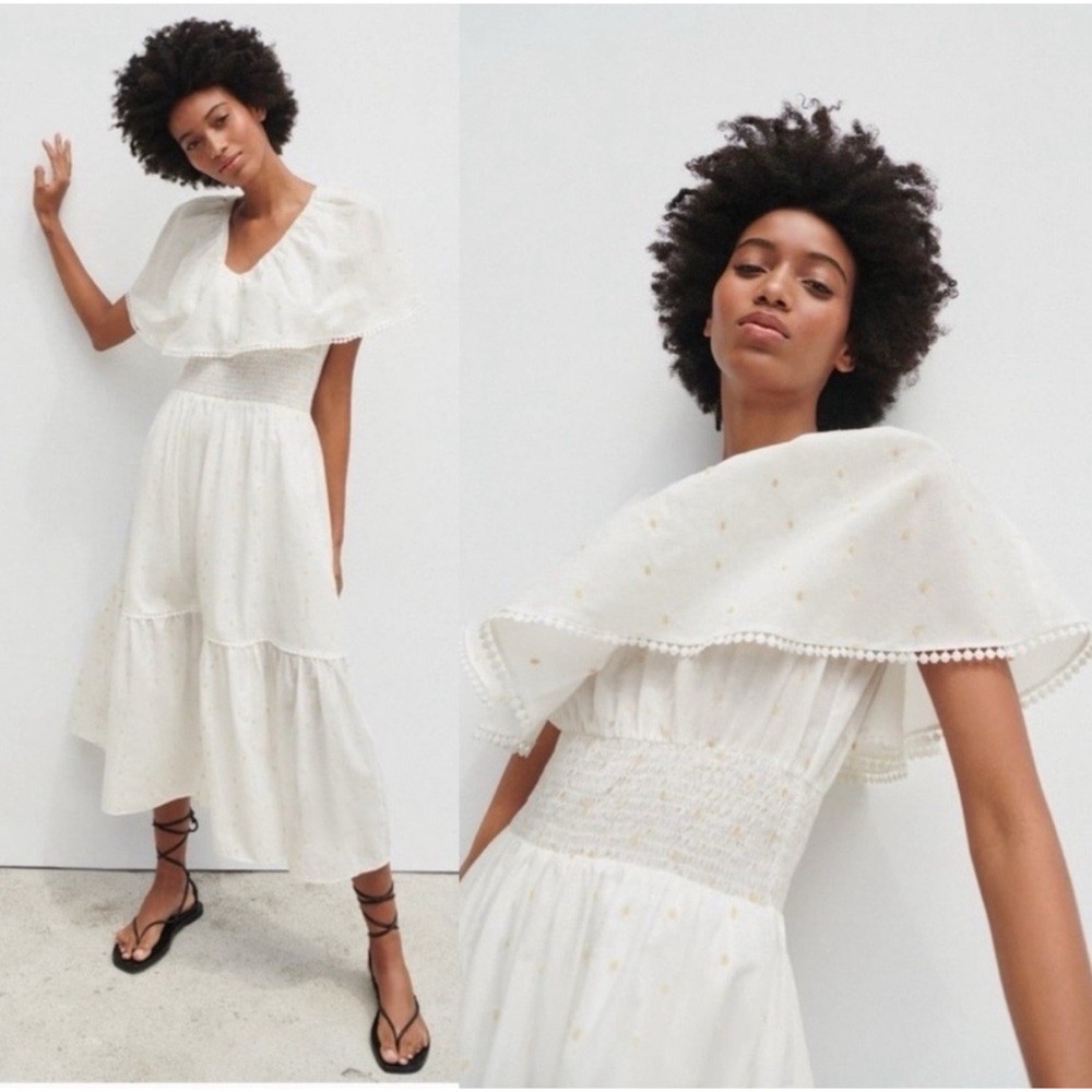 Zara white maxi dress ruffled overlay cape-style neck smocked elastic waist, M
